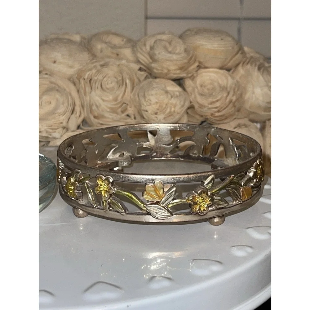 Vintage Clear Glass Ashtray With Gold‎ Tone Floral Ornate Footed Stand Holder